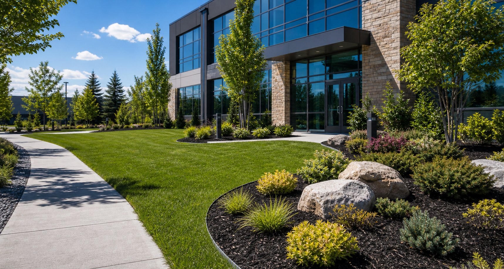 Commercial building with finished grass, planting beds, and site landscaping