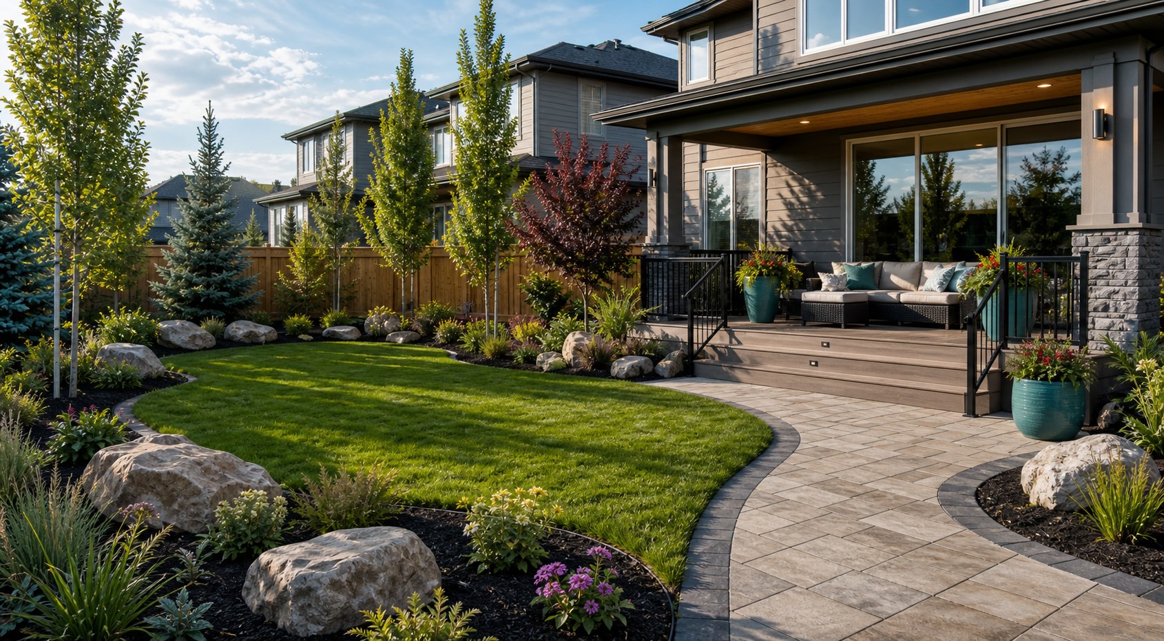 Finished residential backyard with house, patio, and lawn